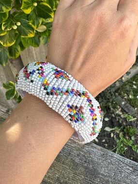 White Seed Beaded Bangle Bracelet with Colourful Geometric Pattern